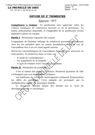 Première page de SVT 5e — Devoir surveillé, 2e trimestre (2019-2020) · CEPG La Prunelle de Dieu