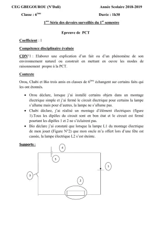 Première page de PCT 6e, 5e, 4e, 4e ML, 3e, 3e ML — 1er devoir surveillé, 1er semestre (2018-2019) · CEG Gbegourou
