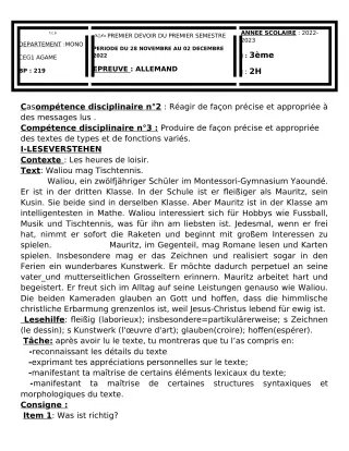 Première page de Allemand 3e — 1er devoir surveillé, 1er semestre (2022-2023) · CEG1 AGAME