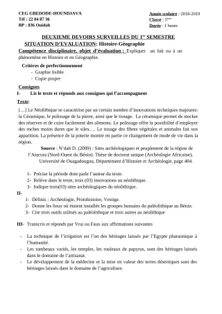 Première page de Histoire-Géographie 5e — 2e devoir surveillé, 1er semestre (2018-2019) · CEG GBEDODE - HOUNDJAVA