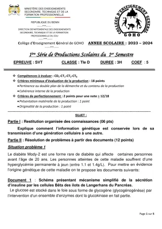 Première page de SVT Tle D — 1re production scolaire, 1er semestre (2023-2024) · CEG GOHO