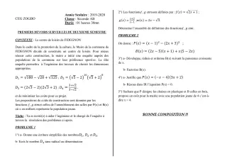 Première page de Mathématiques 2nde A, 2nde A1, 2nde A2, 2nde B — Devoir surveillé, 2e semestre (2019-2020) · CEG ZOGBO
