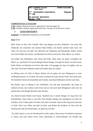 Première page de Allemand 1ère A1 — 1re évaluation sommative, 2e semestre (2021-2022) · CEG2 ABOMEY - CALAVI (CEG ZOCA)