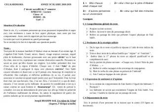 Première page de Français 6e — 2e devoir surveillé, 1er semestre (2018-2019) · CEG Karimama
