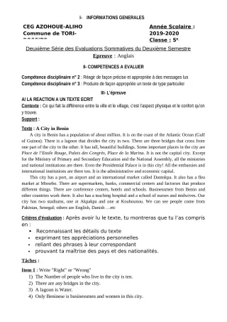Première page de Anglais 5e — 2e évaluation sommative, 2e semestre (2019-2020) · CEG AZOHOUE-ALIHO
