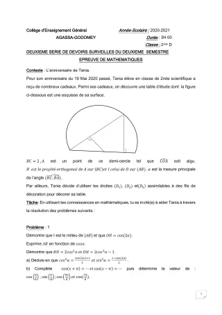 Première page de Mathématiques 2nde D — 2e devoir surveillé, 2e semestre (2020-2021) · CEG Agassa Godomey