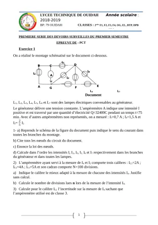 Première page de PCT 2nde BTP, 2nde DPB, 2nde EL, 2nde F1, 2nde F2, 2nde F3, 2nde F4, 2nde OG — 1er devoir surveillé, 1er semestre (2018-2019) · LT Ouidah