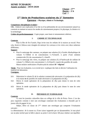 Première page de PCT 6e, 5e, 4e, 3e — 1re production scolaire, 1er semestre (2018-2019) · CEG Sème tchakou