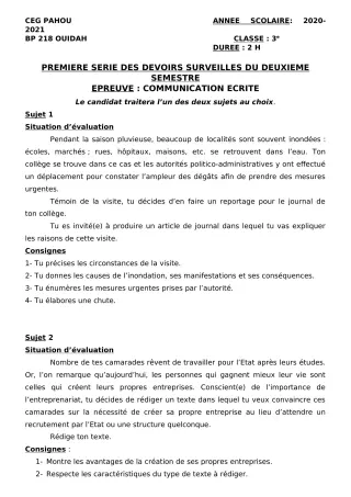 Première page de Français 3e, 3e ML — 1er devoir surveillé, 2e semestre (2020-2021) · CEG PAHOU