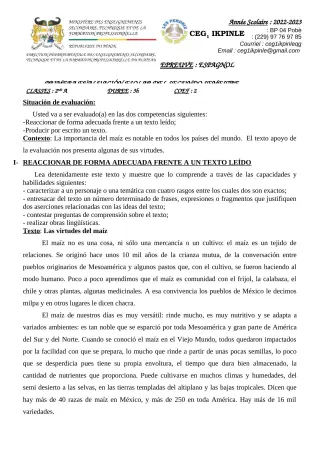 Première page de Espagnol 2nde A — 2022-2023 · CEG1 Ikpinlè