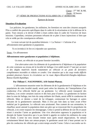 Première page de Français 2nde D — Production scolaire, 1er semestre (2019-2020) · CEG LA VALLEE GBEKO