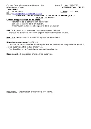 Première page de SVT 2nde C, 2nde D — 1re composition, 1er trimestre (2019-2020) · CPEG LICA