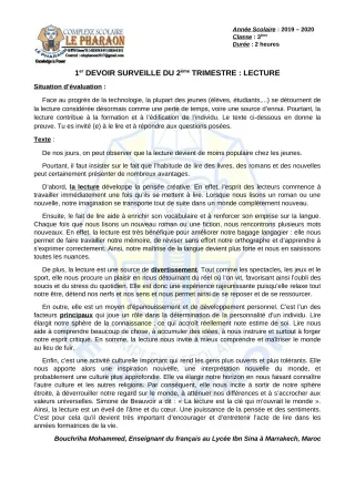 Première page de Français 3e, 3e ML — 1er devoir surveillé, 2e trimestre (2019-2020) · CPEG LE PHARAON