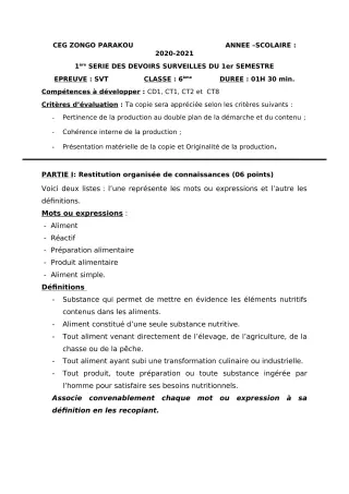 Première page de SVT 6e — 1er devoir surveillé, 1er semestre (2020-2021) · CEG ZONGO