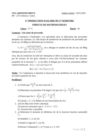 Première page de Mathématiques 2nde C — 1re production scolaire, 2e semestre (2019-2020) · CEG Ahossougbéta