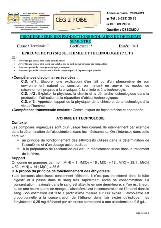 Première page de PCT Tle C — 1re production scolaire, 2e semestre (2023-2024) · CEG 2 Pobè