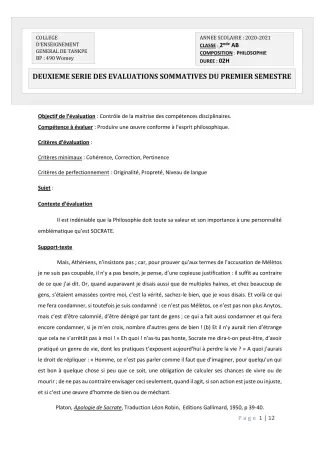 Première page de Philosophie 2nde A2, 2nde B, 2nde C, 2nde D, 1ère A2, 1ère B, 1ère C, 1ère D, Tle A1, Tle A2, Tle B, Tle C, Tle D — 2e évaluation sommative, 1er semestre (2020-2021) · CEG Tankpè