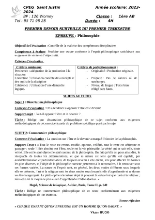 Première page de Philosophie 1ère A2, 1ère B, 1ère C, 1ère D — 1er devoir surveillé, 1er trimestre (2023-2024) · CPEG SAINT Justin