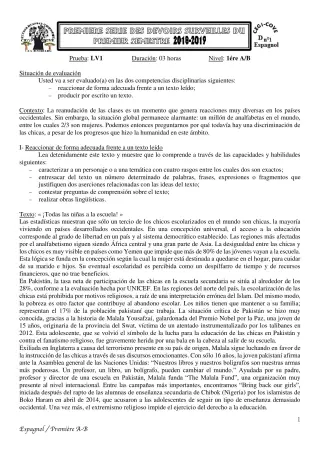 Première page de Espagnol 1ère A1, 1ère A2, 1ère B — 1er devoir surveillé, 1er semestre (2018-2019) · CEG1 Covè