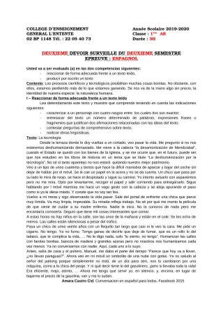 Première page de Espagnol 1ère A2, 1ère B — 2e devoir surveillé, 2e semestre (2019-2020) · CEG L'Entente