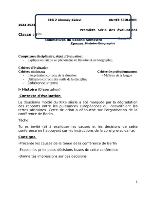 Première page de Histoire-Géographie 3e — 1re évaluation sommative, 2e semestre (2023-2024) · CEG2 ABOMEY - CALAVI (CEG ZOCA)