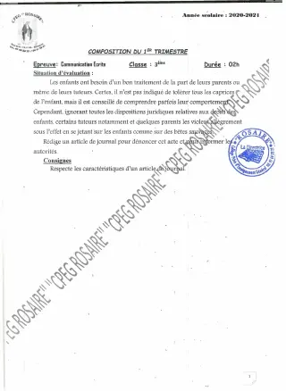 Première page de Français 3e, 3e ML — 1re composition, 1er trimestre (2020-2021) · CPEG ROSAIRE