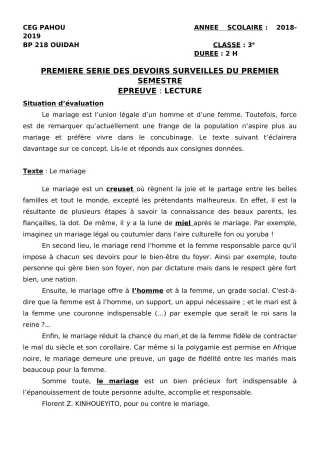 Première page de Français 3e — 1er devoir surveillé, 1er semestre (2018-2019) · CEG PAHOU