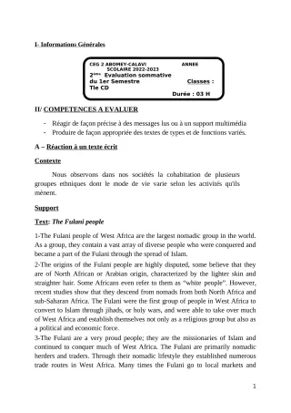 Première page de Anglais Tle C — 2e évaluation sommative, 1er semestre (2022-2023) · CEG2 ABOMEY - CALAVI (CEG ZOCA)
