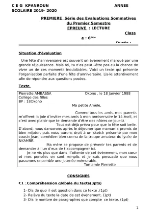 Première page de Français 6e — 1re évaluation sommative, 1er semestre (2019-2020) · CEG Kpanroun