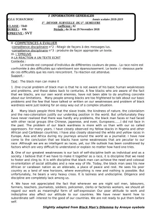 Première page de SVT Tle D — 1er devoir surveillé, 1er semestre (2018-2019) · CEG Tchatchou
