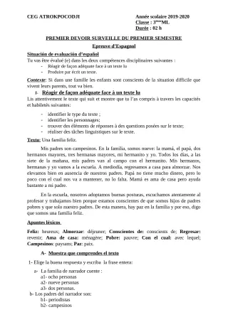 Première page de Espagnol 3e ML — 1er devoir surveillé, 1er semestre (2019-2020) · CEG ATROKPOCODJI