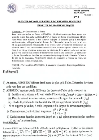 Première page de Mathématiques 1ère D — 1er devoir surveillé, 1er semestre (2019-2020) · CEG ADJOVICODJI 'LES OLIVIERS'
