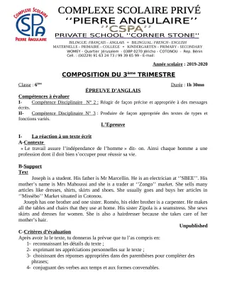 Première page de Anglais 6e — Composition, 3e trimestre (2019-2020) · CPEG PIERRE ANGULAIRE
