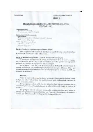 Première page de SVT 4e, 4e ML — 2e devoir surveillé, 1er semestre (2019-2020) · CEG ADJAGBO