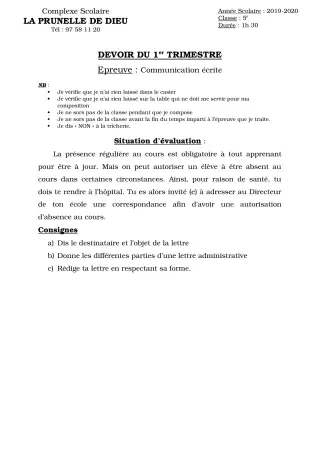 Première page de Français 5e — Composition, 1er trimestre (2019-2020) · CEPG La Prunelle de Dieu
