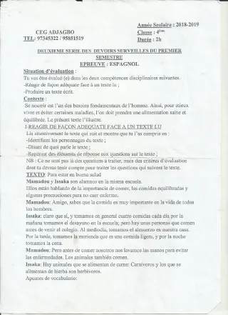 Première page de Espagnol 4e ML — 2e devoir surveillé, 1er semestre (2018-2019) · CEG ADJAGBO