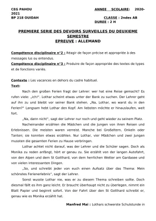 Première page de Allemand 2nde A & B, 2nde A2, 2nde B — 1er devoir surveillé, 2e semestre (2020-2021) · CEG PAHOU