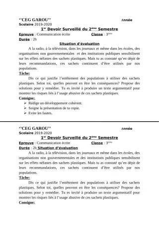 Première page de Français 3e — 1er devoir surveillé, 2e semestre (2019-2020) · CEG GAROU