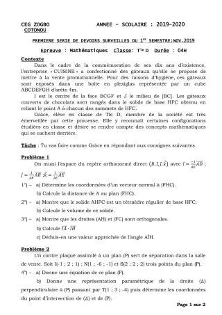 Première page de Mathématiques Tle D — 1er devoir surveillé, 1er semestre (2019-2020) · CEG ZOGBO