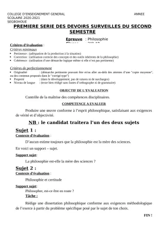 Première page de Philosophie 2nde A & B, 2nde D, 1ère A & B, 1ère D, Tle A & B, Tle D — 1er devoir surveillé, 2e semestre (2020-2021) · CEG SEGBOHOUE