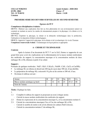 Première page de PCT 5e — 1er devoir surveillé, 2e semestre (2020-2021) · CEG LE NOKOUE