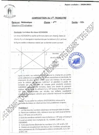 Première page de Mathématiques 4e — Composition, 1er trimestre (2020-2021) · CPEG ROSAIRE
