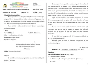 Première page de Français 4e ML&MC — 1re production scolaire, 1er semestre (2019-2020) · CEG1 Adjarra