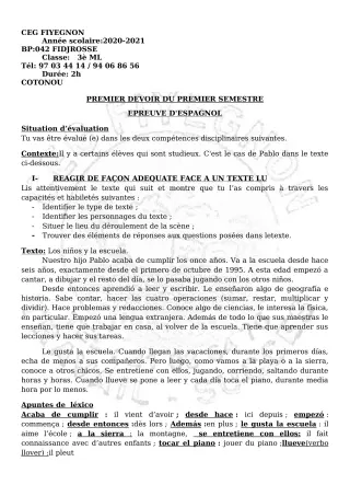Première page de Espagnol 3e ML — 1er devoir surveillé, 1er semestre (2020-2021) · CEG FIYEGNON