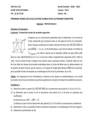 Première page de Mathématiques Tle D — 1re évaluation sommative, 1er semestre (2020-2021) · CEG du Lac