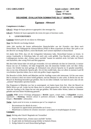 Première page de Allemand 1ère A, 1ère B — 2e évaluation sommative (2019-2020) · CEG GBEGAMEY