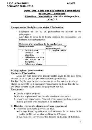 Première page de Histoire-Géographie 2nde D — 2e évaluation sommative, 2e semestre (2018-2019) · CEG Kpanroun