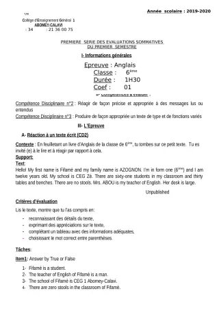 Première page de Anglais 6e — 1re évaluation sommative, 1er semestre (2019-2020) · CEG1 Abomey-Calavi