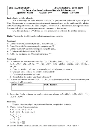 Première page de Mathématiques 6e — 1er devoir surveillé, 2e semestre (2019-2020) · CEG MAREGOUROU