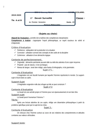 Première page de Philosophie Tle A1, Tle A2, Tle B — 1er devoir surveillé, 1er semestre (2018-2019) · CEG2 ABOMEY - CALAVI (CEG ZOCA)